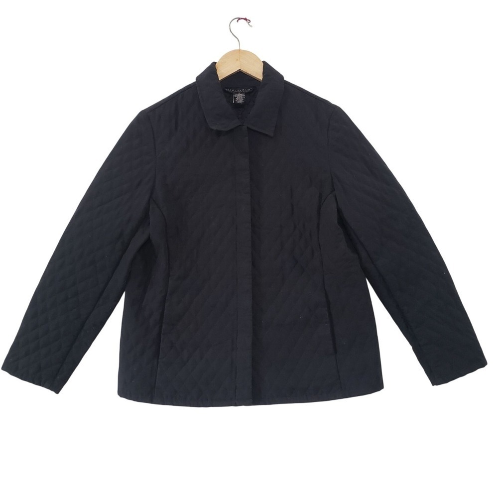 Dialogue Quilted Jacket Womens 12 Black Diamond Stitch Full Zip Collared Padded